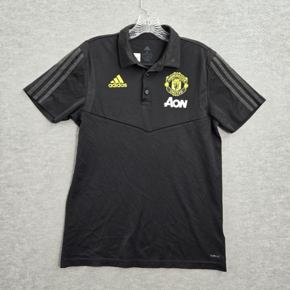 Manchester United Men Polo Shirt Small Black Adidas Logo‎ Climalite Logo Collar